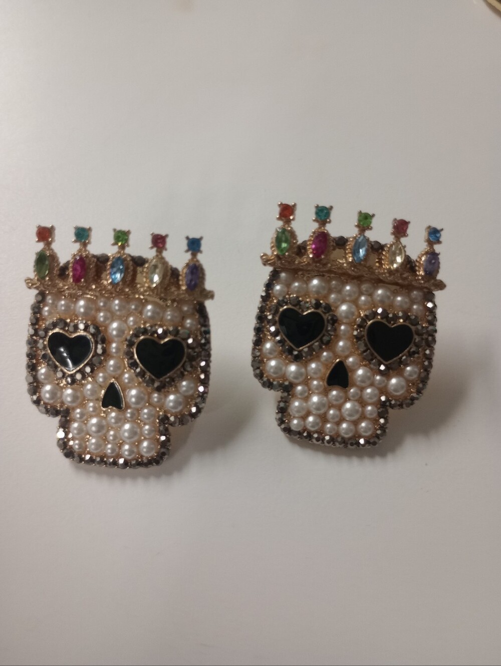 Gold Tone Faux Pearl Skull Crown Earrings With Multicolor Gem Accent